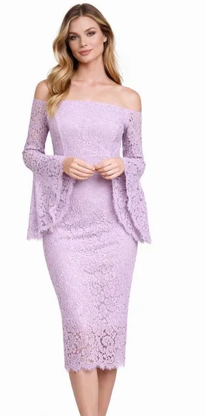 Bardot Solange Lilac Lace Midi Dress Off Shoulder Bell Sleeve NWT Size 4 thumbnail 1