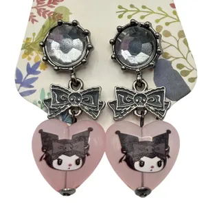 Sanrio Kuromi Heart Bow Drop Dangle Earrings Rhinestone‎ Gothic Kawaii Y2K thumbnail 2