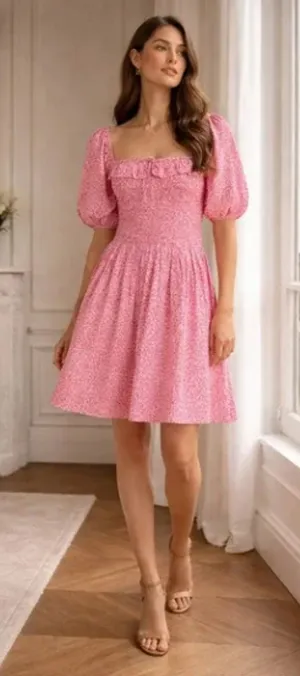 Abercrombie & Fitch Pink Ditsy Floral Smocked Puff Sleeve Mini Dress XXS 2818 thumbnail 1
