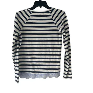 Sanctuary Women's Size Small Striped Navy Cottage Long Sleeve Lace Hem‎ Top thumbnail 6