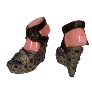 Guillaume Hinfray Gold An Blue Leather Studded Distressed Wedge Heels (36) thumbnail 4