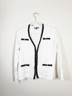 Adrianna Papell White Black Fringe Trim Cardigan Size Small Quiet Luxury thumbnail 2