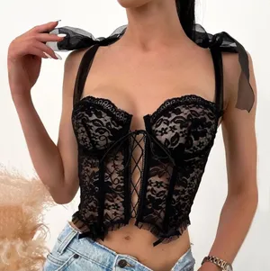Lace Sheer Corset Top Ribbon Straps Black L thumbnail 1