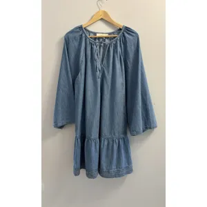 LOFT Women L Denim Chambray Tie Neck Wide Sleeve Tiered Drop Waist Dress Cotton thumbnail 2