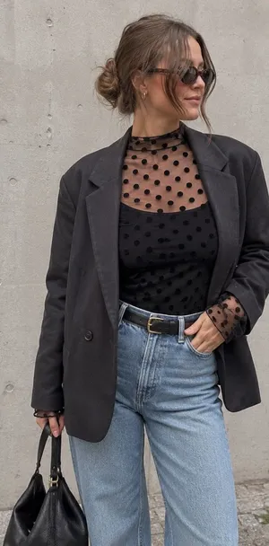 Sheer Polka Dot Mock Neck Top thumbnail 1