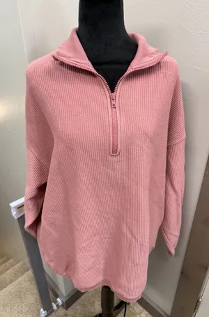 Aerie Ribbed Pink Sweatshirt Relaxed Oversized Fit 1/4 Zip Lounge NEW W Tags S thumbnail 1
