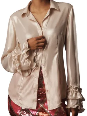 Maeve Anthropologie Satin Flounce Sleeve Button-Down Blouse Size L thumbnail 3