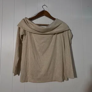 LOFT Shimmer Knit Off Shoulder Top Beige Long Sleeve Cowl Neck Size Large thumbnail 4