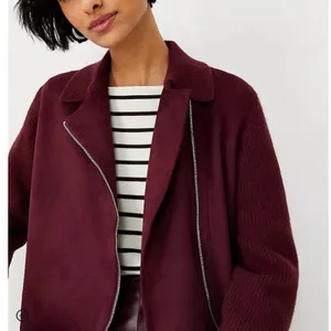 Ann Taylor Faux Suede Moto Sweater Jacket burgundy sz S‎ thumbnail 3