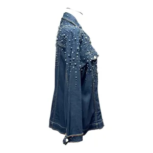 The Quacker Factory Rhinestone Pearl Studded Denim Jean Jacket Blue Large thumbnail 5