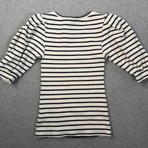 EXPRESS Women's X-Small Striped Ribbed Knit Puff Sleeve Top Cream Black Blouse thumbnail 10