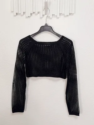 Zenana Black Open Knit Crochet Long Sleeve Cropped Bolero Shrug Top thumbnail 2