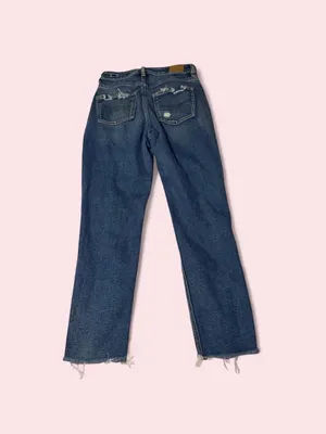 American Eagle Outfitters Distressed Dark Blue Straight Leg mom Jeans thumbnail 2