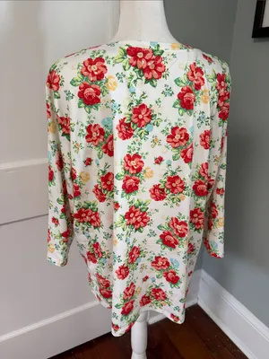 The Pioneer Woman Cream Floral V-Neck Long Sleeve Top Red Blooms Size XL thumbnail 3
