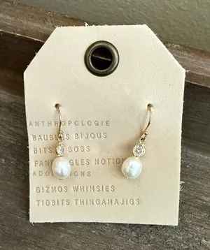 Anthropologie Gold Pearl Drop Earrings with Clear Crystal thumbnail 1