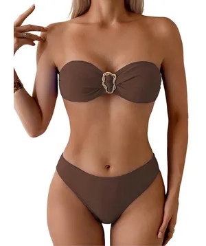 Tainehs Brown Strapless Bikini Tube Top Bandeau Mid Rise Swimsuit SMALL thumbnail 1
