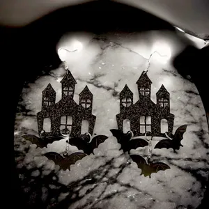 Black Gothic Halloween Theme Acrylic Drop &‎ Dangle Earrings Bat Haunted Castle thumbnail 4