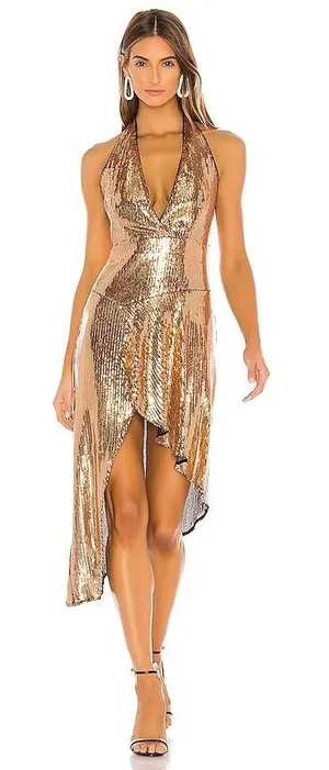 Lovers + Friends Duchess Sequin Dress‎ XL NWT Gold Halter Midi Party Cocktail thumbnail 1