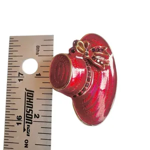 Red Enamel Wide-Brim Hat Brooch w/ Rhinestone Bow, Gold Tone thumbnail 6