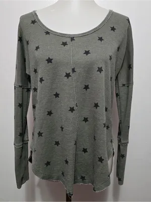 Lucky Brand Small Olive Star Print Waffle Knit Thermal Top Bohemian Casual thumbnail 2