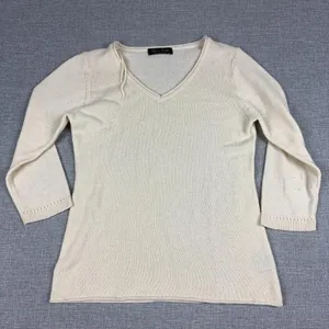 Claudia Nichole Sweater Womens M White Cashmere V Neck 3/4 Sleeve Knit Pullover thumbnail 1