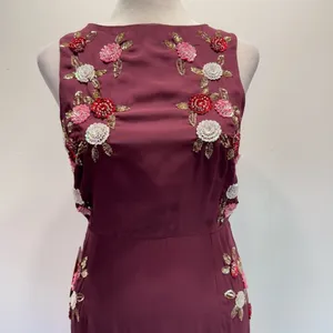 Burgundy Sleeveless Midi Dress Sequined Flowers Open Back Party Elegant Wedding thumbnail 11
