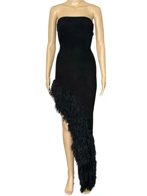 NBD Aubrey Asymmetrical Faux Fur Trim Strapless Dress, Black, XS thumbnail 3