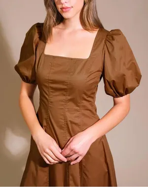 Flying Tomato Brown Square-Neck Midi Dress with Puff Sleeves size M thumbnail 3