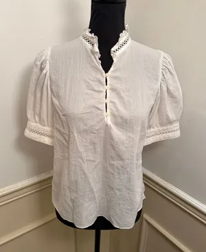 FRAME White The Ruffle Collar Top Cotton Puff Sleeve Blouse Romantic Victorian thumbnail 1