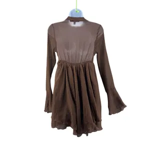 Urban Outfitters Mini Drress S Brown Tie Front Long Bell Sleeve‎ Boho Y2K Fairy thumbnail 3