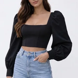 Naked Wardrobe Womens Black Puff Sleeve Square Neck Crop Top Size M thumbnail 1