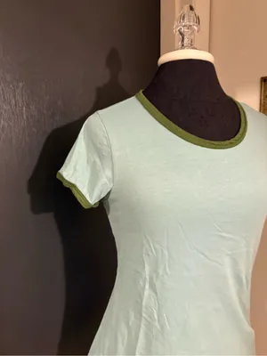 Anthropologie Pilcro Light Aqua Ringer 100% Cotton Tee with Olive Trim thumbnail 2