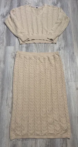 Casa Cabana Tan Beige Fisherman Chevron Knit Sweater and‎ Midi Skirt Set XL thumbnail 1