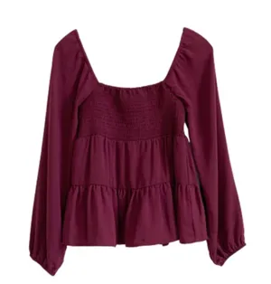 Paper Crane Top Berry Purple Smocked Baby Doll Long Sleeve Blouse Top Medium NEW thumbnail 2