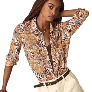 Pilcro Women Button Down Large Orange Floral Paisley Long Sleeve Boho Top thumbnail 3