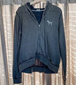 Y2K Pink Victoria’s Secret Grey Zip Up Love Pink Hopded Sweatshirt Size Medium thumbnail 1