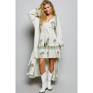 POL Palm Tree Print Wrap Bodice Smocked Waist Ruffle Hem Dress - Medium thumbnail 6