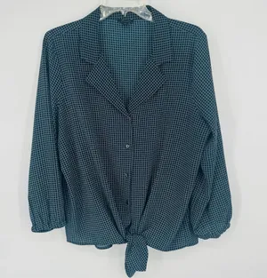 Ann Taylor Navy White Geometric Blouse L Tie Front Button Down 3/4 Sleeve thumbnail 1