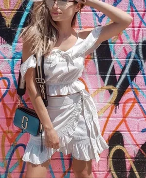 NWT Greylin Cream white wrap tie mini skirt w/Pom trim & ruffle hem size XS thumbnail 1