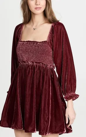 Free‎ People Daphne Burgundy Wine Velvet Babydoll Mini Dress size xs thumbnail 1