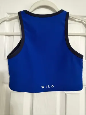 WILO Blue Ribbed Cropped Tank with navy Trim‎ size small Australia activewear thumbnail 5