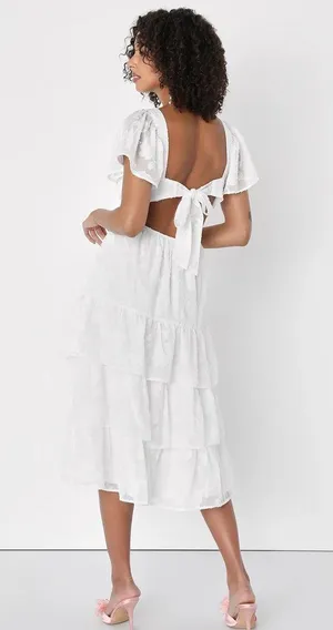 Lulus Loveliest Feeling White Floral Jacquard Tie-Back Midi Dress thumbnail 2