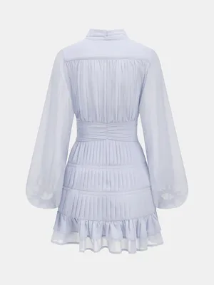 Commense soft blue Pleated Button Long Sleeve Ruffled Mini Dress XS New thumbnail 2