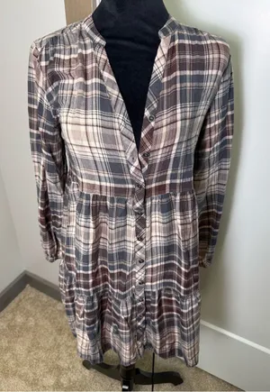 Knox Rose Babydoll Tunic Top Plaid V-Neck Button Down Long Sleeve Blouse Fall S‎ thumbnail 1