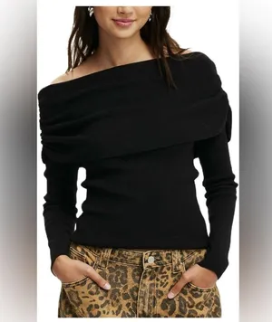🆕 Y2K Ribbed Knit Off-Shoulder Long Sleeve Top Sexy Ruched Pullover thumbnail 4