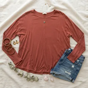 Easel Womens Ribbed Long Sleeve Top Rust Terracotta Exposed Seam Small thumbnail 1