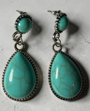 Turquoise Teardrop Dangle Earrings Boho Western Textured Silver Border Stud Blue thumbnail 1