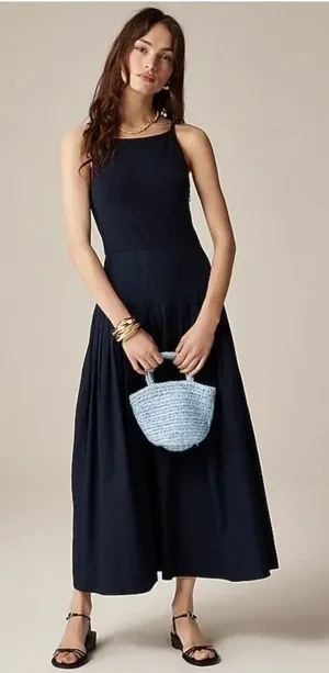 J. Crew NWT Pintuck Mixy Dress Navy Blue Square Neck Midi Pleated Waist Size M thumbnail 1