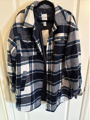Vine & Valley Blue Plaid Long-Sleeve Flannel Shacket Large NWT thumbnail 1