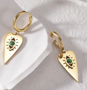 Malachite Center Stone Dangling Heart Gold Hoop Earrings thumbnail 3
